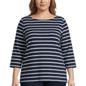 Lands' End Top Womens 2X Plus Blue Striped Boat Neck 3/4 Sleeve Nautical Coastal